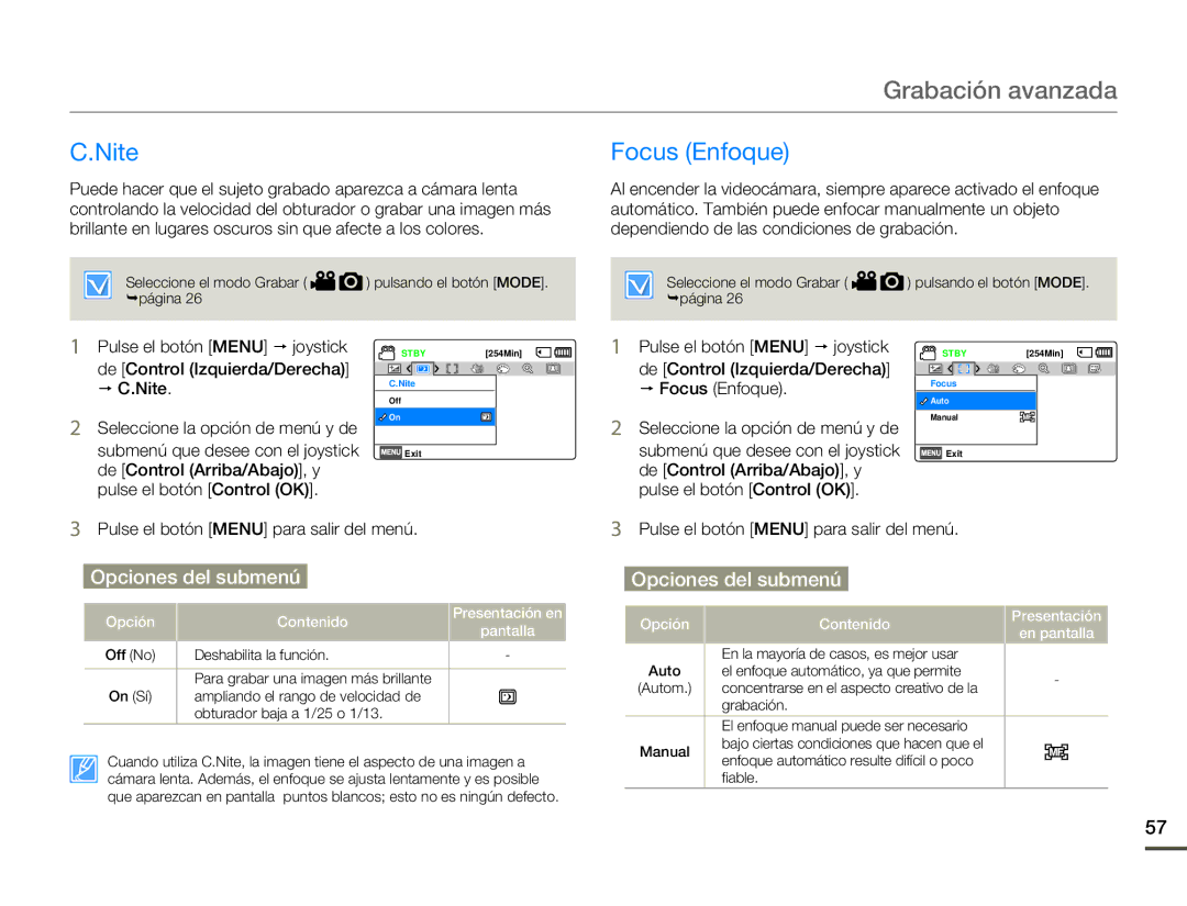 Samsung SMX-F70BP/EDC manual Nite, Focus Enfoque 