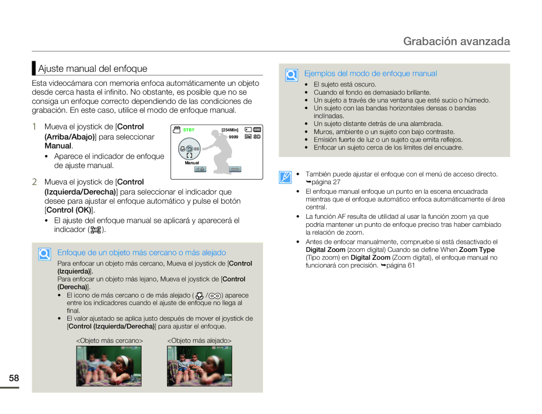 Samsung SMX-F70BP/EDC Ajuste manual del enfoque, Manual Aparece el indicador de enfoque 