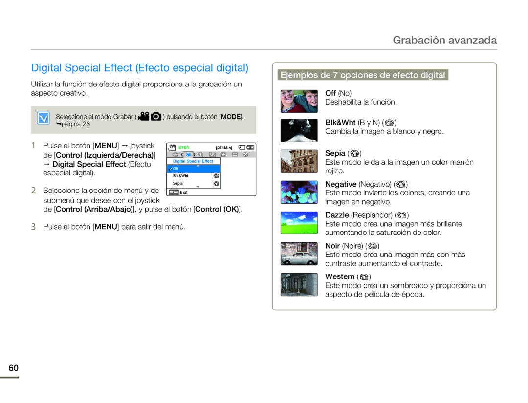 Samsung SMX-F70BP/EDC manual Digital Special Effect Efecto especial digital, Ejemplos de 7 opciones de efecto digital 