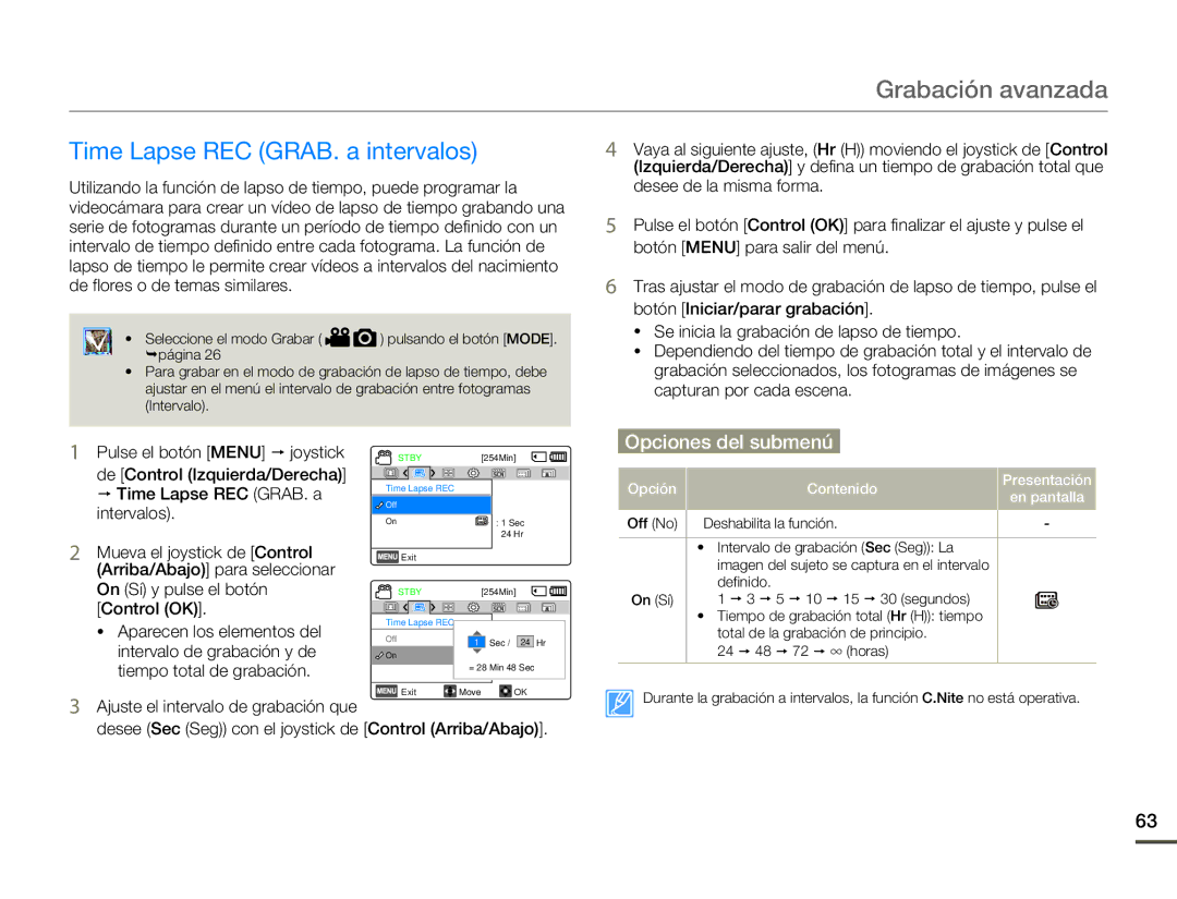 Samsung SMX-F70BP/EDC manual Time Lapse REC GRAB. a intervalos, Ajuste el intervalo de grabación que 