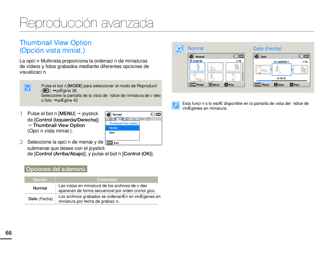 Samsung SMX-F70BP/EDC manual Reproducción avanzada, Thumbnail View Option Opción vista miniat 