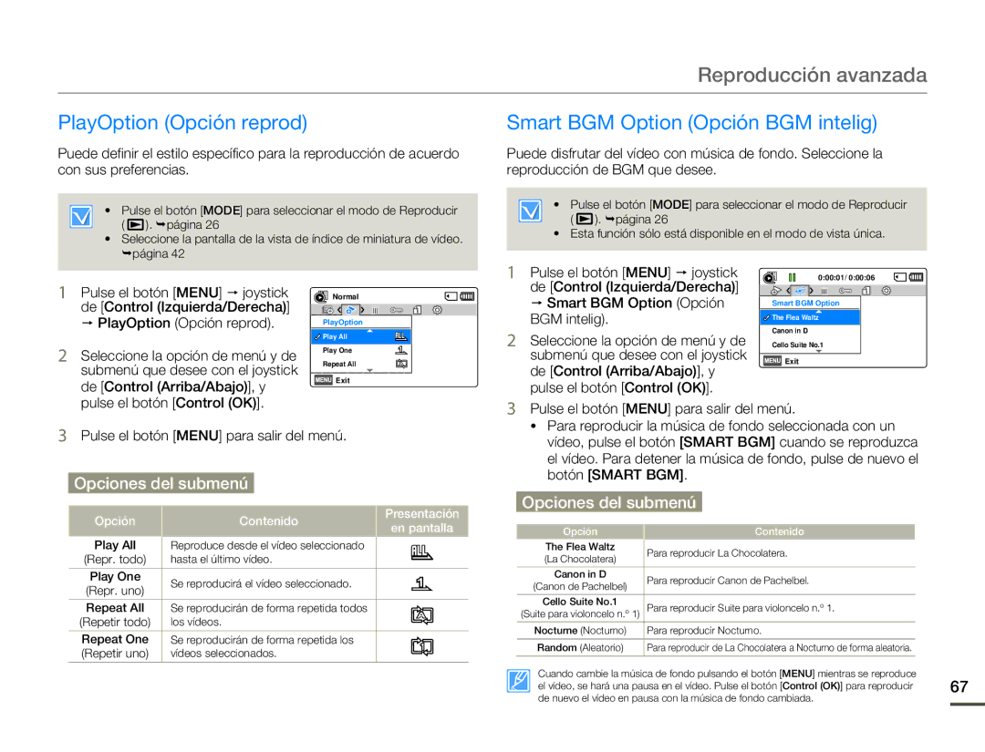 Samsung SMX-F70BP/EDC manual Reproducción avanzada, PlayOption Opción reprod, Smart BGM Option Opción BGM intelig 