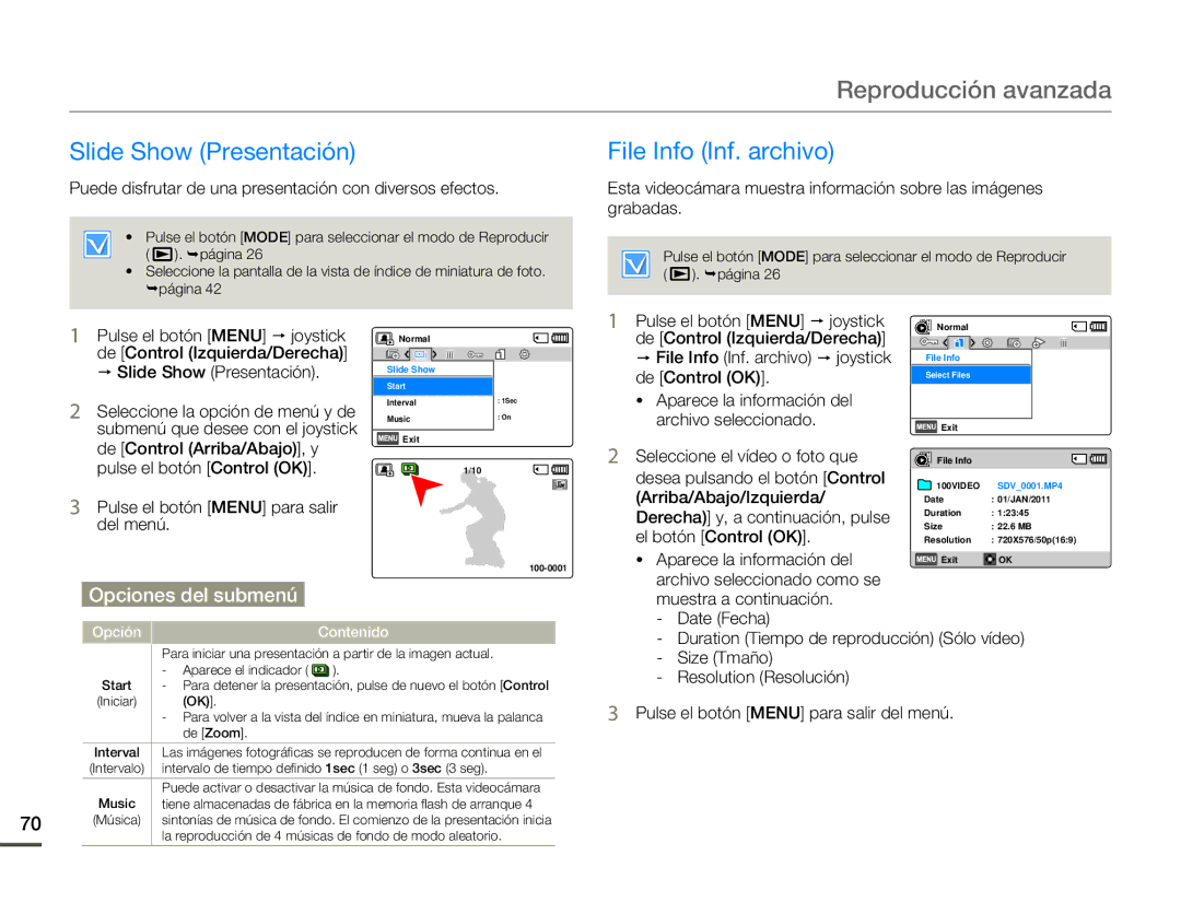 Samsung SMX-F70BP/EDC manual Slide Show Presentación, File Info Inf. archivo 