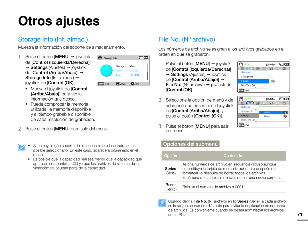 Samsung SMX-F70BP/EDC manual Otros ajustes, Storage Info Inf. almac, File No. Nº archivo 