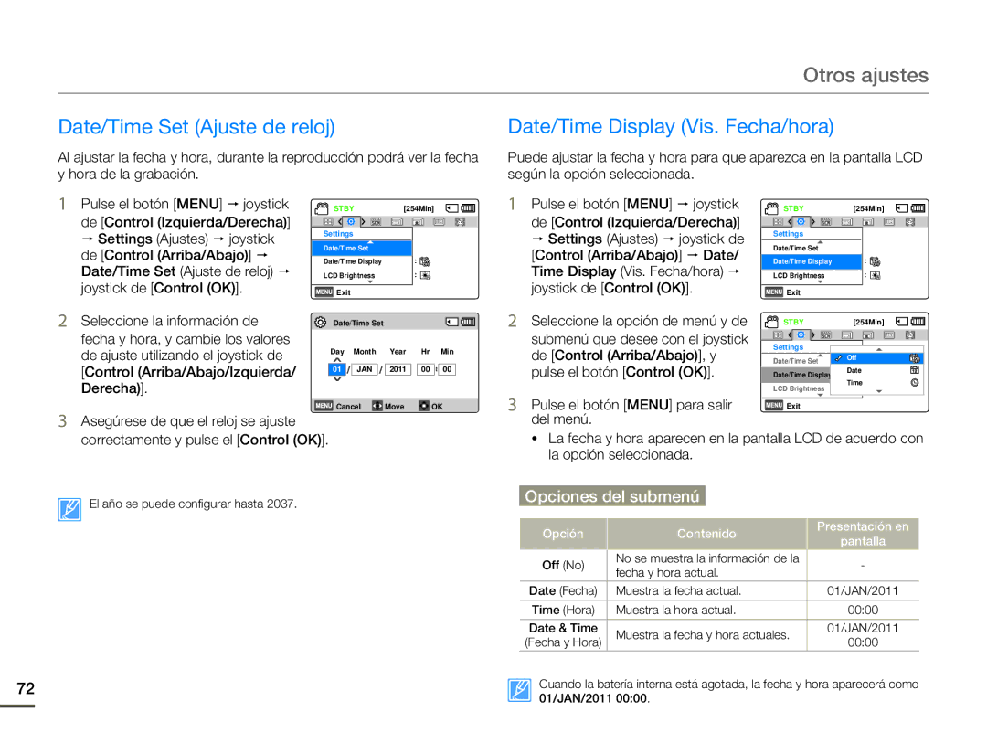 Samsung SMX-F70BP/EDC manual Otros ajustes, Date/Time Set Ajuste de reloj, Date/Time Display Vis. Fecha/hora 