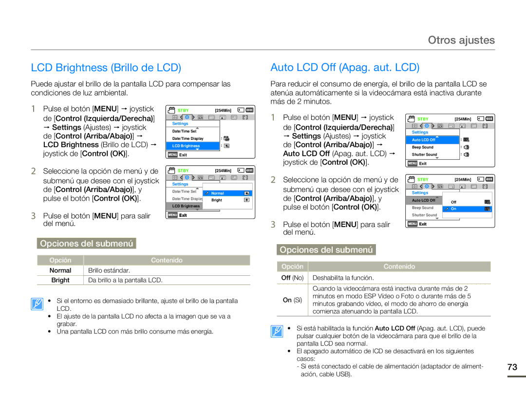 Samsung SMX-F70BP/EDC manual LCD Brightness Brillo de LCD, Auto LCD Off Apag. aut. LCD 