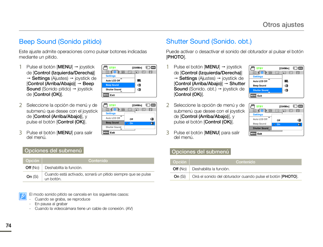 Samsung SMX-F70BP/EDC manual Beep Sound Sonido pitido, Shutter Sound Sonido. obt 