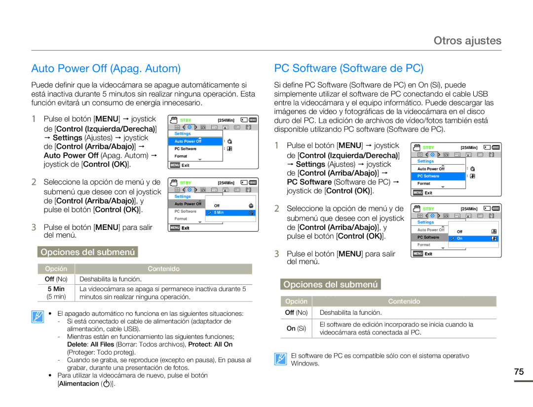 Samsung SMX-F70BP/EDC manual Auto Power Off Apag. Autom PC Software Software de PC 