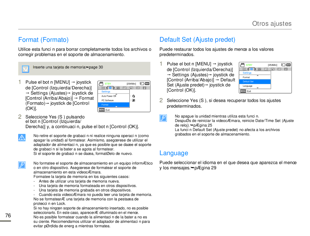 Samsung SMX-F70BP/EDC manual Format Formato Default Set Ajuste predet, Language, Control Arriba/Abajo p Default 