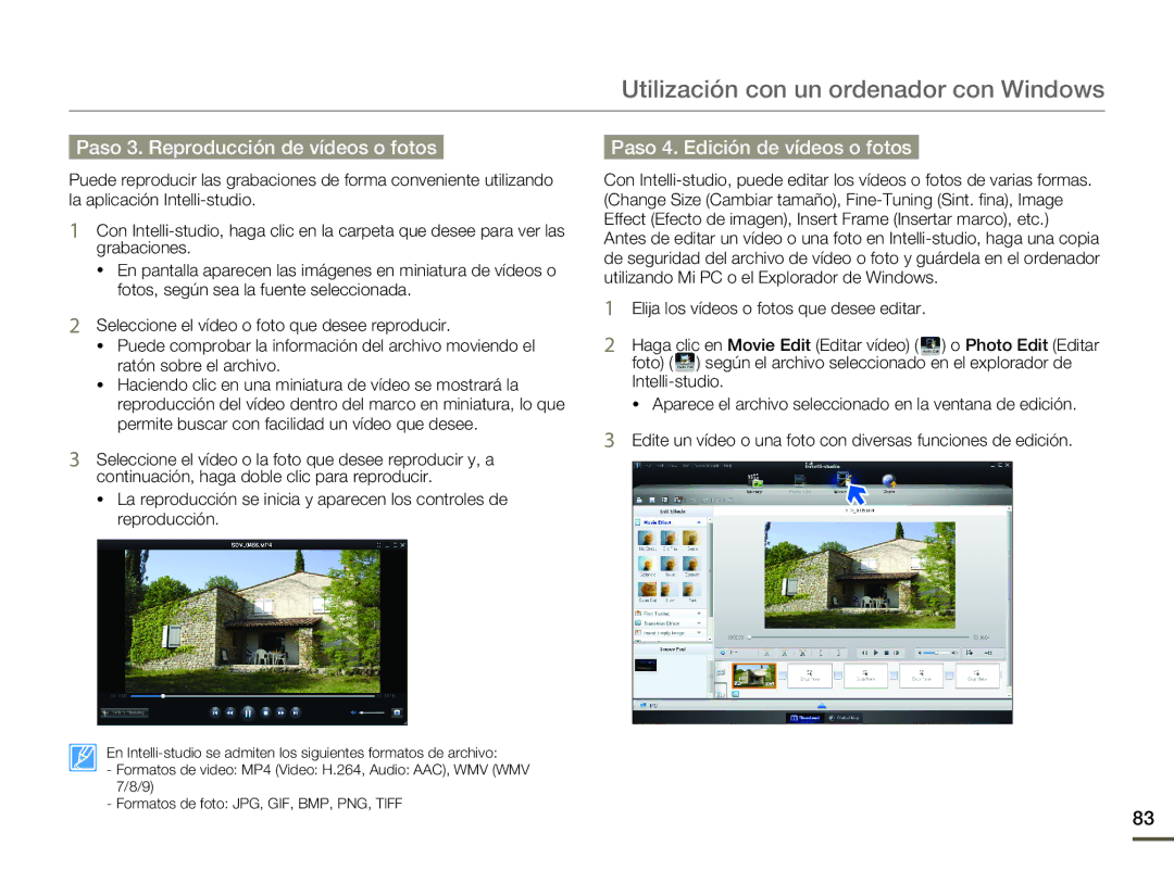 Samsung SMX-F70BP/EDC manual Paso 3. Reproducción de vídeos o fotos, Paso 4. Edición de vídeos o fotos 