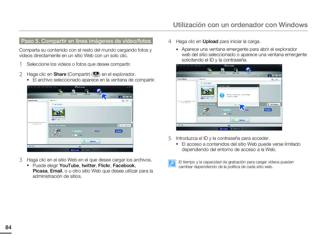 Samsung SMX-F70BP/EDC manual Paso 5. Compartir en línea imágenes de vídeo/fotos 