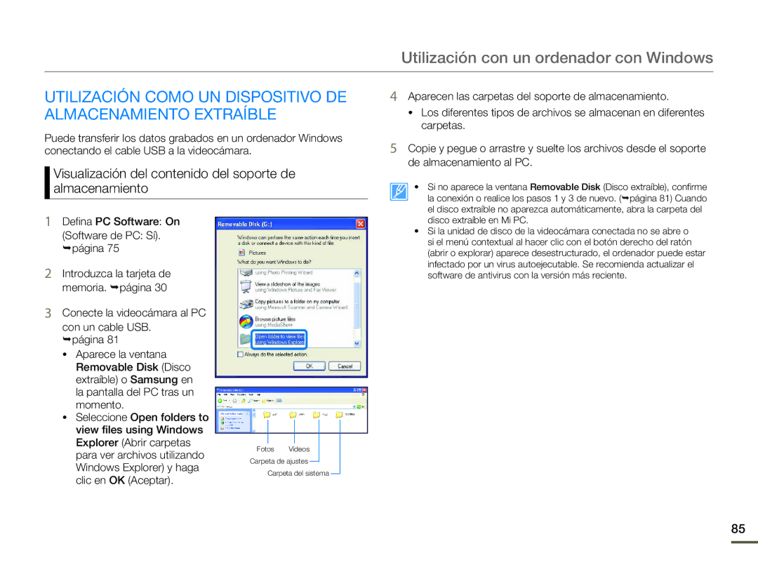 Samsung SMX-F70BP/EDC manual Utilización Como UN Dispositivo DE Almacenamiento Extraíble 