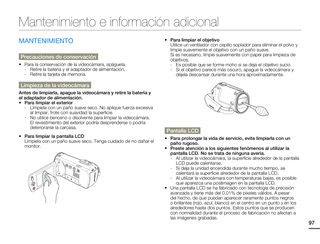 Samsung SMX-F70BP/EDC Mantenimiento e información adicional, Precauciones de conservación, Limpieza de la videocámara 