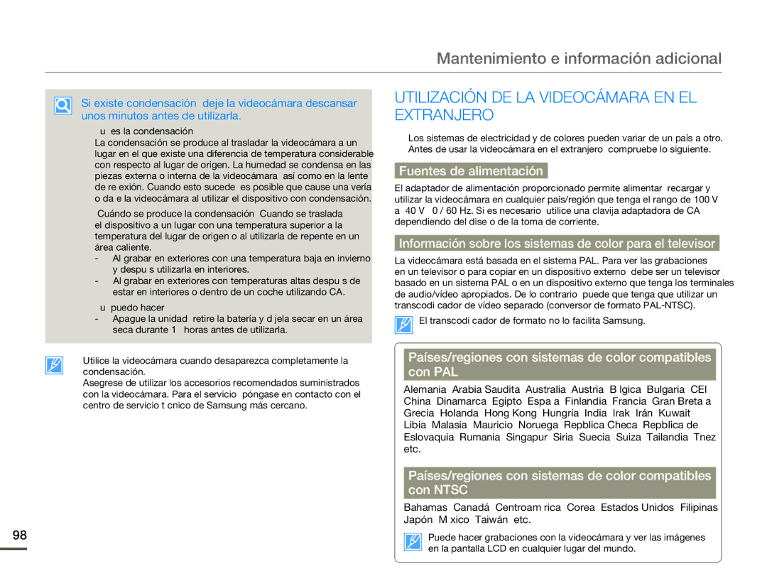 Samsung SMX-F70BP/EDC manual Mantenimiento e información adicional, Utilización DE LA Videocámara EN EL Extranjero 