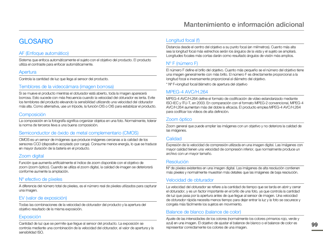 Samsung SMX-F70BP/EDC manual Glosario 