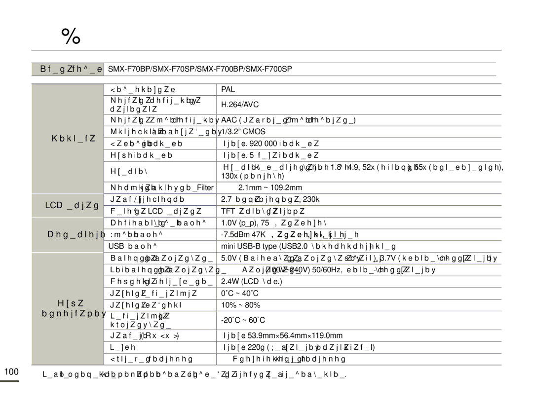 Samsung SMX-F70BP/EDC manual Спецификации, Система LCD екран Конектори Обща Информация 