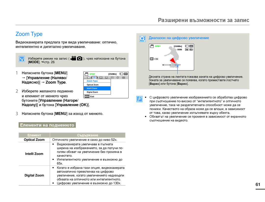 Samsung SMX-F70BP/EDC manual Zoom Type, Диапазон на цифрово увеличение 