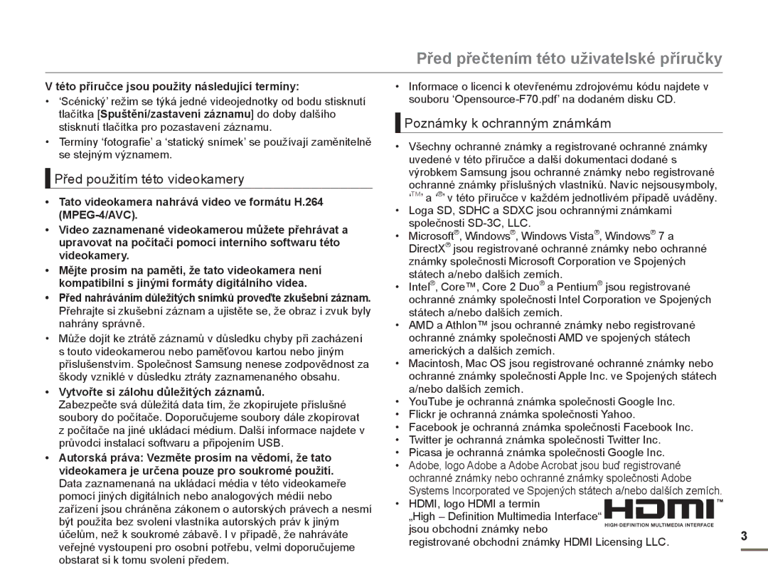 Samsung SMX-F70BP/EDC manual Před přečtením této uživatelské příručky, Před použitím této videokamery 