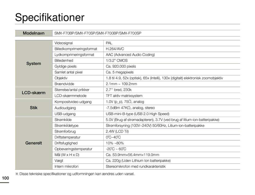 Samsung SMX-F70BP/EDC manual Specifikationer, Modelnavn, System LCD-skærm Stik Generelt, 100, Videosignal 