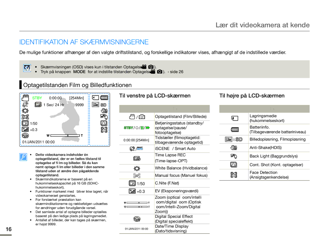 Samsung SMX-F70BP/EDC Identifikation AF Skærmvisningerne, Optagetilstanden Film og Billedfunktionen, Indikator Betydning 