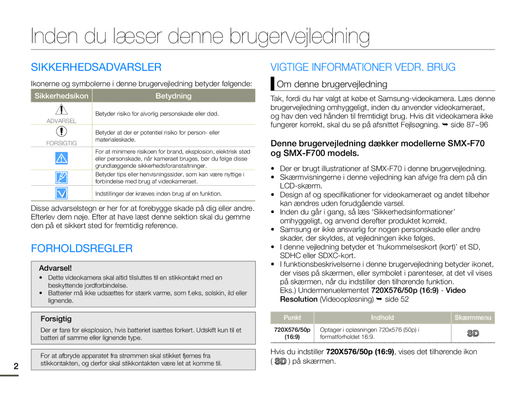 Samsung SMX-F70BP/EDC manual Inden du læser denne brugervejledning, Sikkerhedsadvarsler, Vigtige Informationer VEDR. Brug 