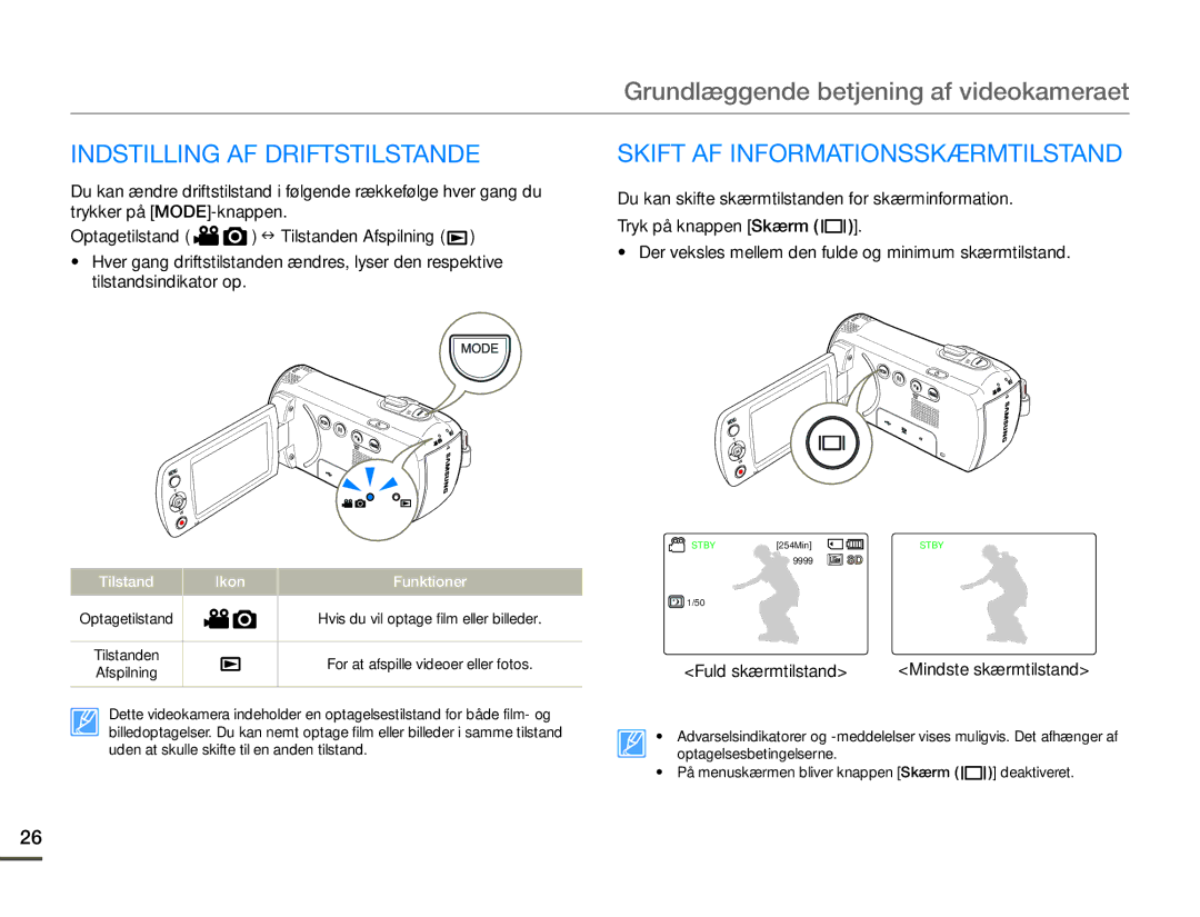 Samsung SMX-F70BP/EDC manual Indstilling AF Driftstilstande, Skift AF Informationsskærmtilstand, Fuld skærmtilstand 