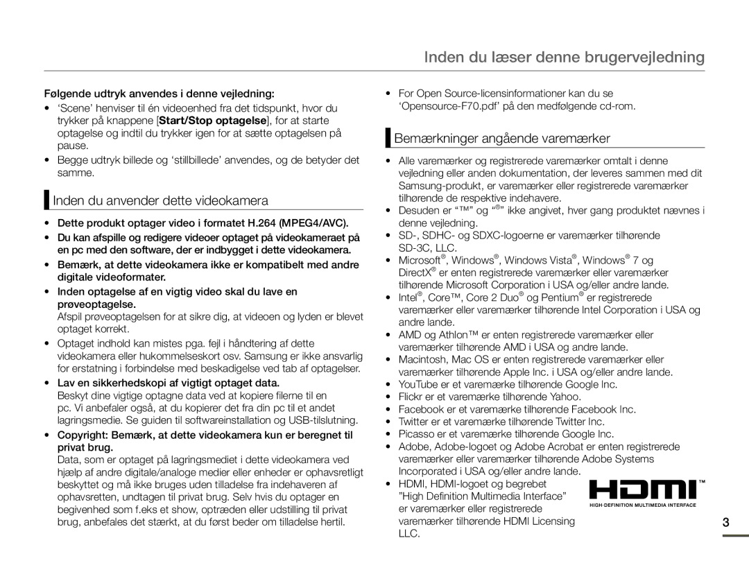 Samsung SMX-F70BP/EDC manual Inden du læser denne brugervejledning, Inden du anvender dette videokamera 