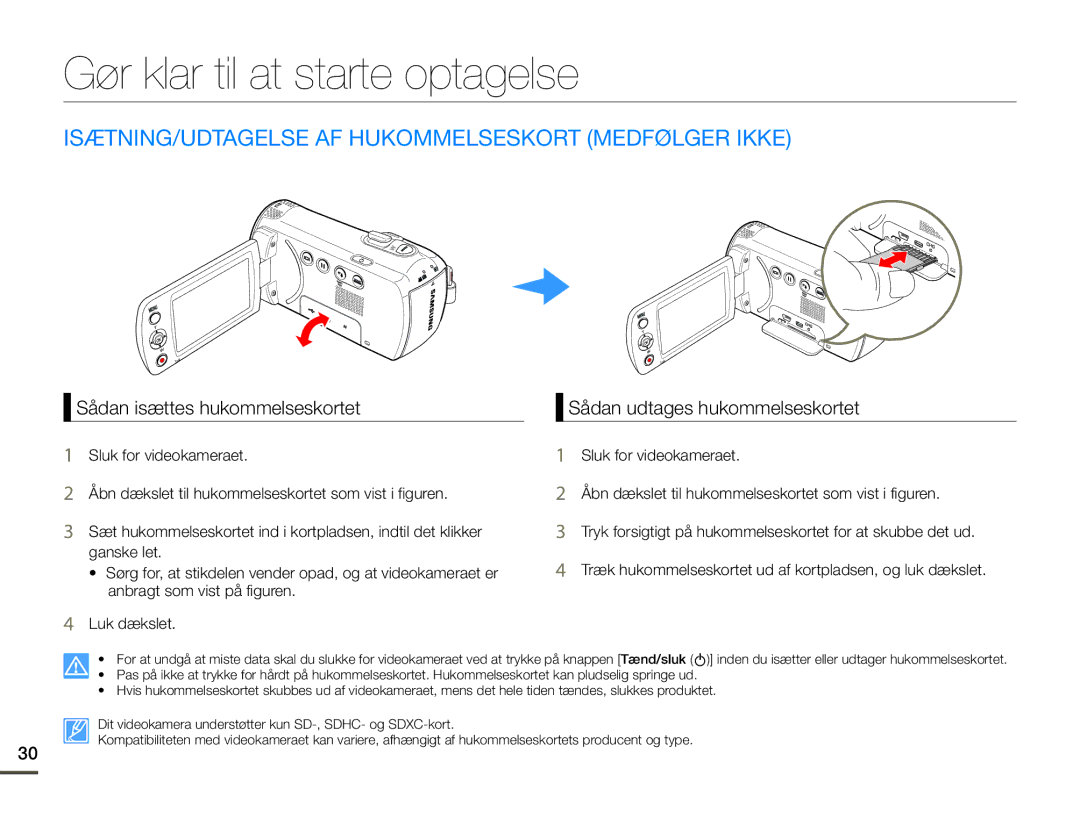 Samsung SMX-F70BP/EDC manual Gør klar til at starte optagelse, ISÆTNING/UDTAGELSE AF Hukommelseskort Medfølger Ikke 