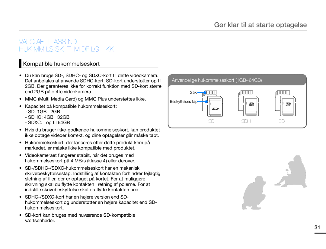 Samsung SMX-F70BP/EDC manual Gør klar til at starte optagelse, Valg AF ET Passende Hukommelseskort Medfølger Ikke 