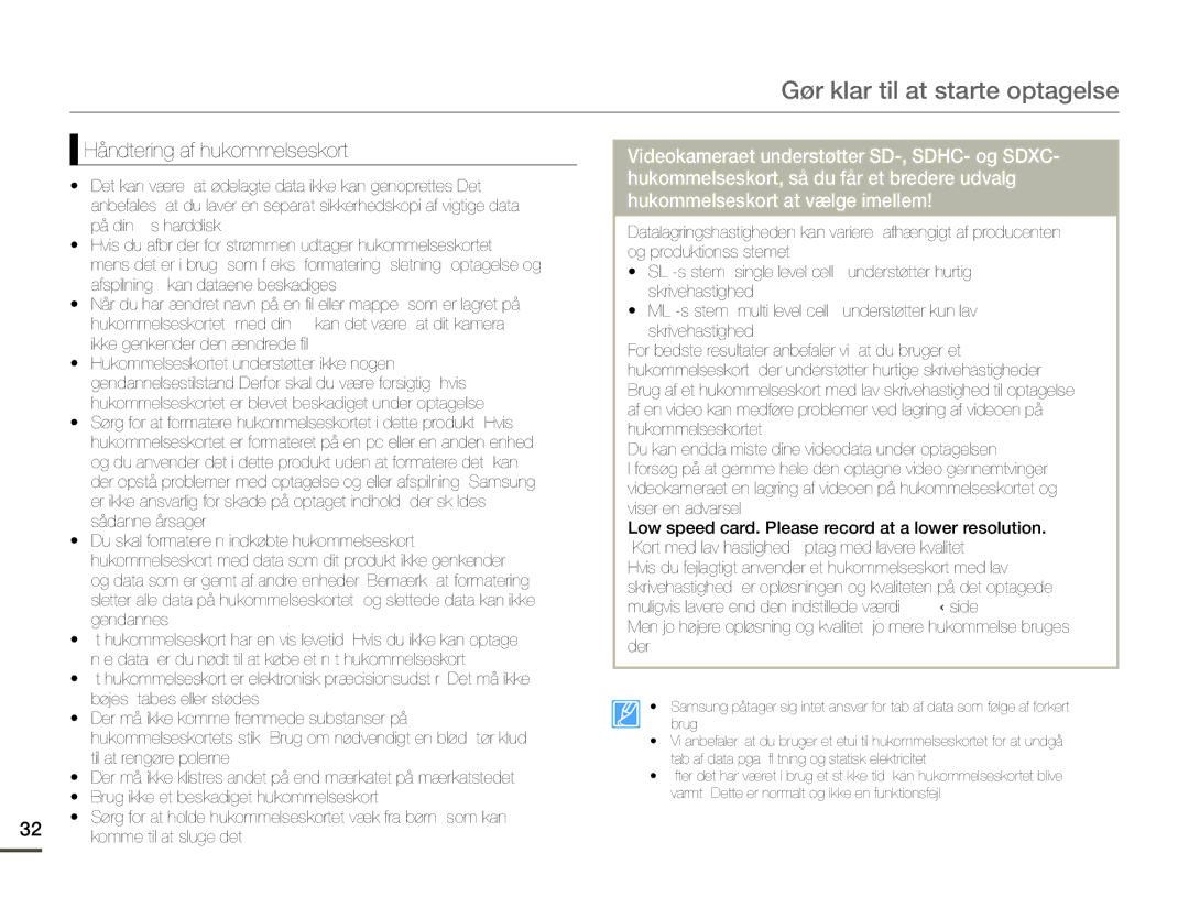 Samsung SMX-F70BP/EDC manual Håndtering af hukommelseskort 