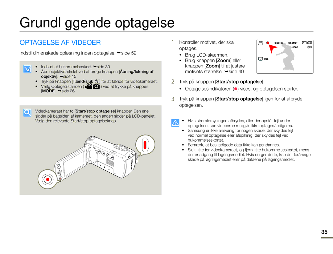 Samsung SMX-F70BP/EDC Grundlæggende optagelse, Optagelse AF Videoer, Indstil din ønskede opløsning inden optagelse. ¬side 