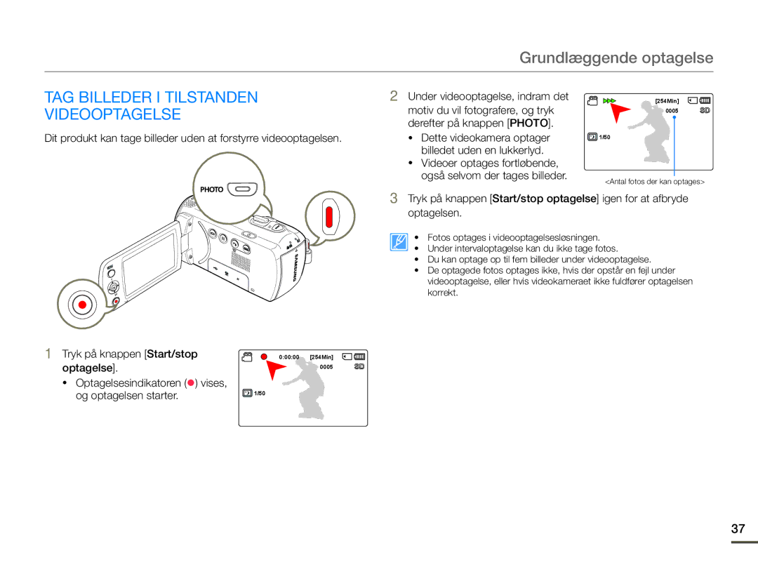 Samsung SMX-F70BP/EDC manual TAG Billeder I Tilstanden Videooptagelse, Tryk på knappen Start/stop, Optagelse 