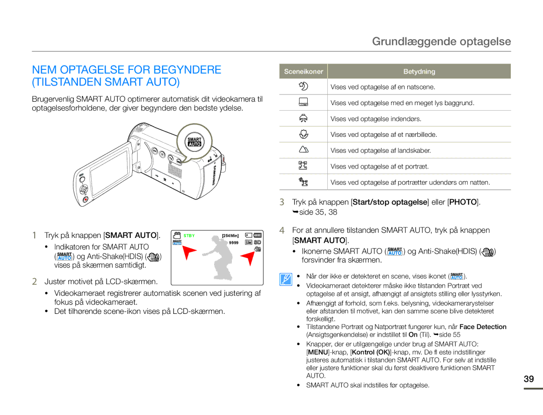 Samsung SMX-F70BP/EDC manual NEM Optagelse for Begyndere, Tilstanden Smart Auto, Tryk på knappen Smart Auto 