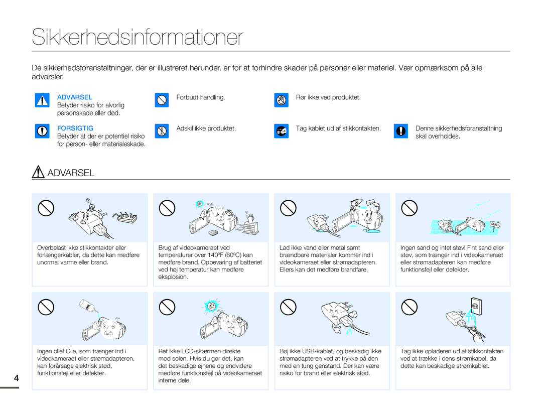 Samsung SMX-F70BP/EDC manual Sikkerhedsinformationer, Forsigtig 