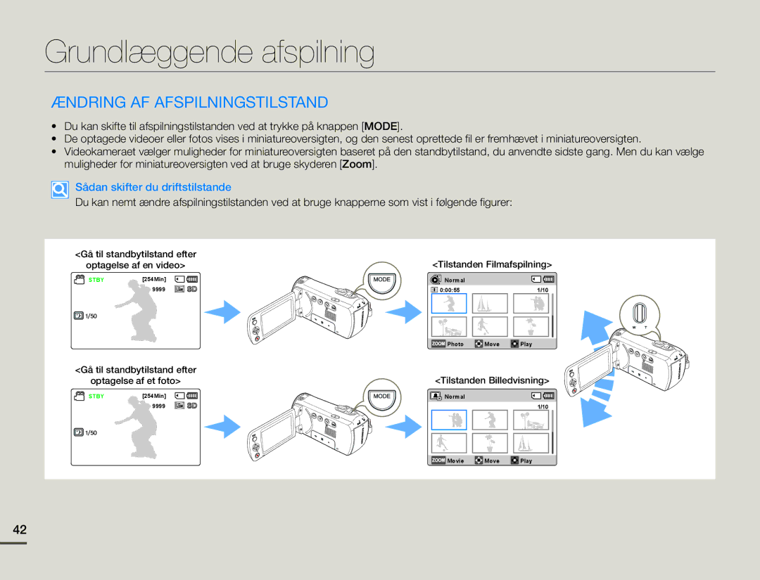 Samsung SMX-F70BP/EDC manual Grundlæggende afspilning, Ændring AF Afspilningstilstand 