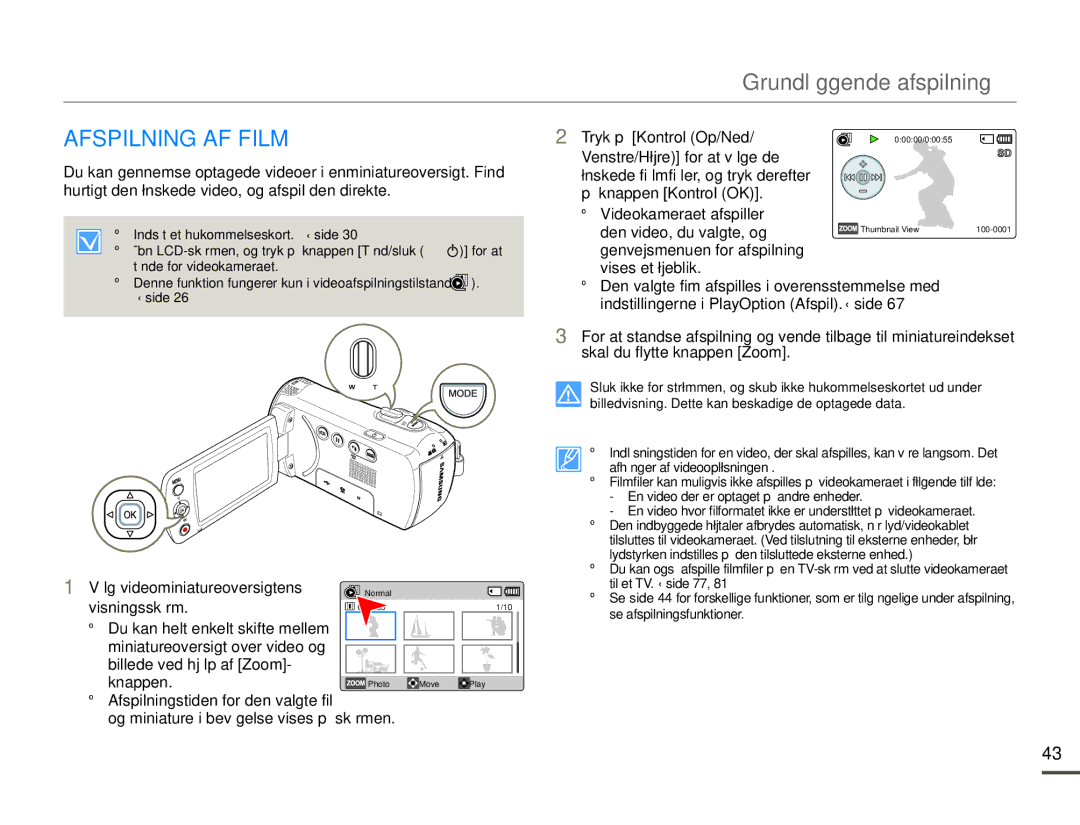 Samsung SMX-F70BP/EDC manual Grundlæggende afspilning, Afspilning AF Film, Vælg videominiatureoversigtens, Visningsskærm 