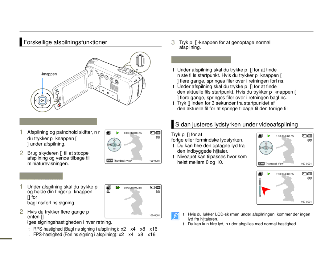 Samsung SMX-F70BP/EDC manual Forskellige afspilningsfunktioner, Spring over afspilning, Afspilning / PaIndhold / Stop 