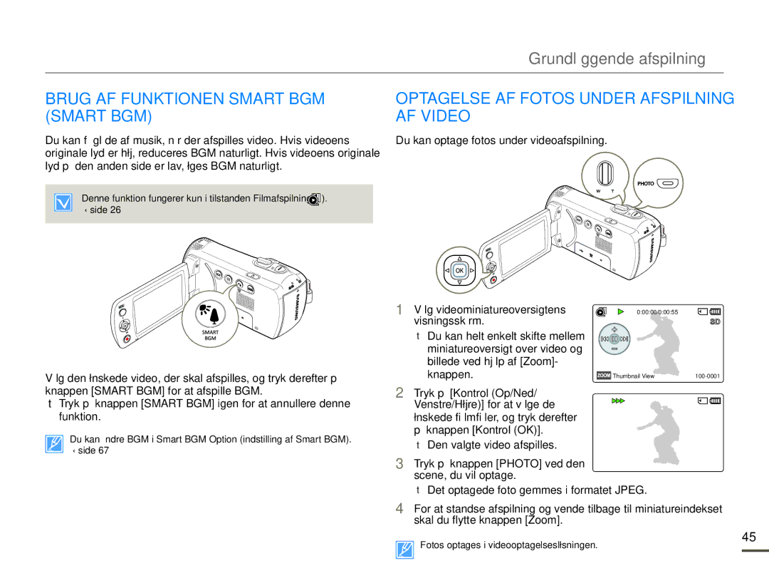 Samsung SMX-F70BP/EDC manual Brug AF Funktionen Smart BGM Smart BGM, Optagelse AF Fotos Under Afspilning AF Video 