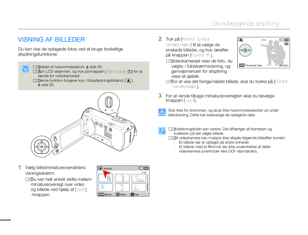 Samsung SMX-F70BP/EDC manual Visning AF Billeder, Genvejsmenuen for afspilning Vises et øjeblik 