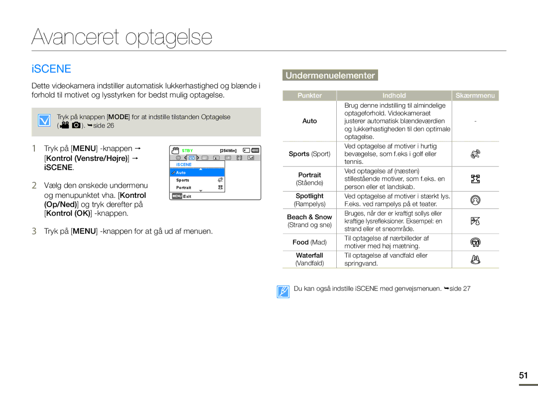 Samsung SMX-F70BP/EDC Avanceret optagelse, Iscene, Tryk på Menu -knappen for at gå ud af menuen, Punkter Indhold Skærmmenu 