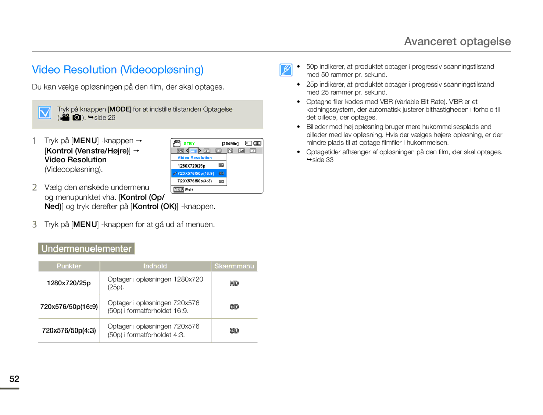 Samsung SMX-F70BP/EDC manual Avanceret optagelse, Video Resolution Videoopløsning 