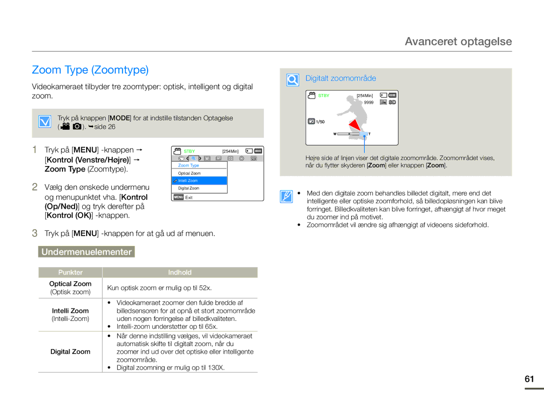 Samsung SMX-F70BP/EDC manual Zoom Type Zoomtype, Punkter Indhold 