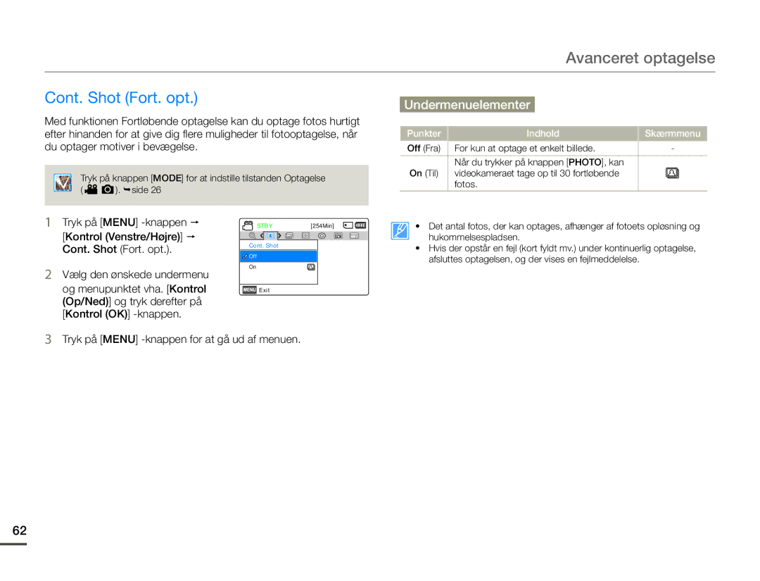 Samsung SMX-F70BP/EDC manual Cont. Shot Fort. opt, Punkter Indhold Skærmmenu 