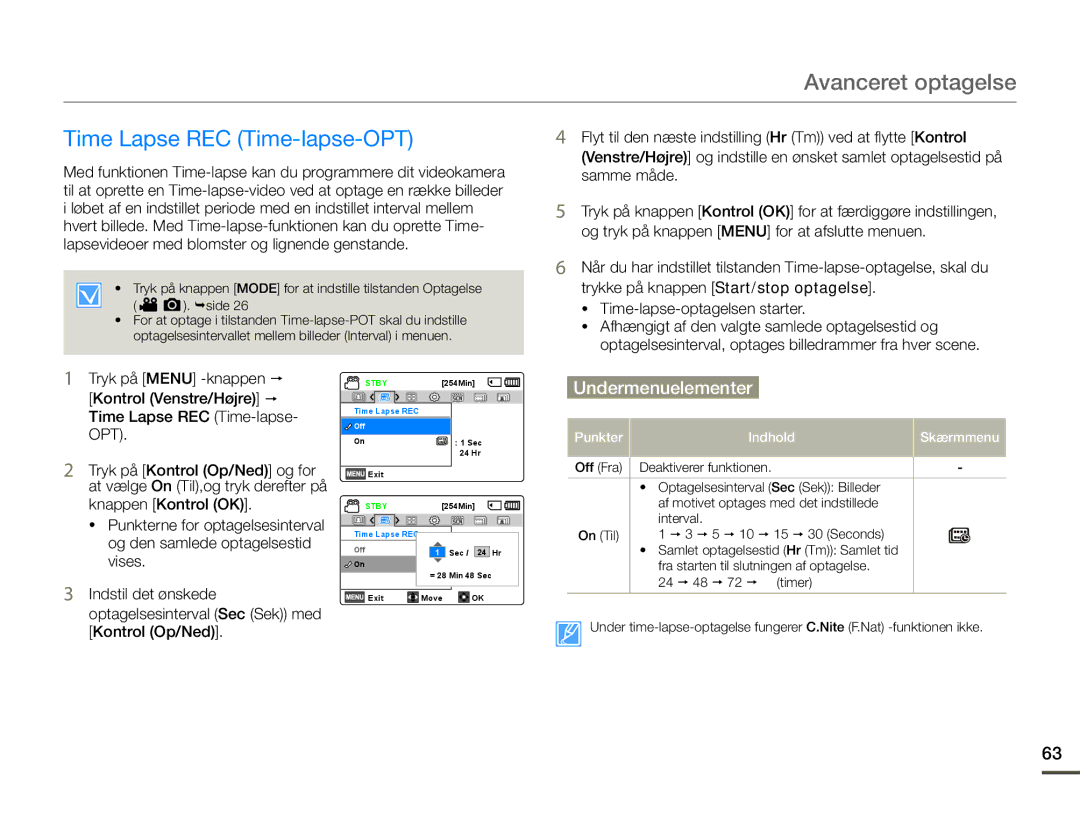 Samsung SMX-F70BP/EDC manual Time Lapse REC Time-lapse-OPT, Kontrol Op/Ned 