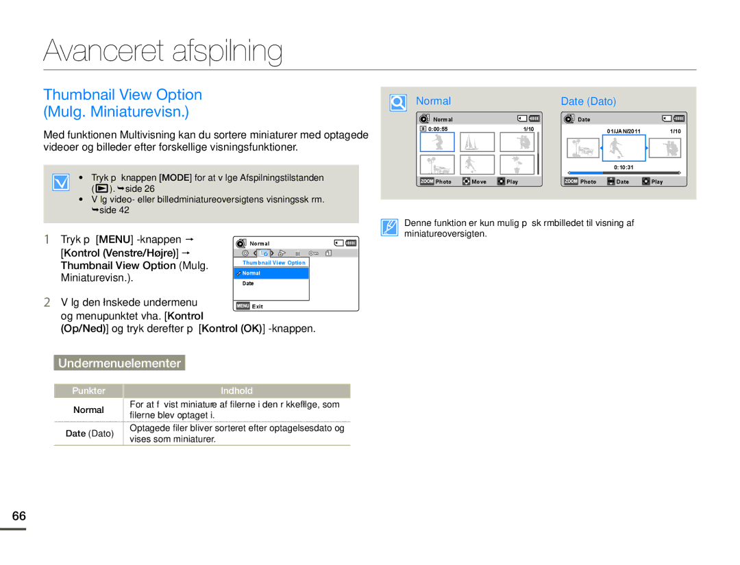 Samsung SMX-F70BP/EDC manual Avanceret afspilning, Thumbnail View Option Mulg. Miniaturevisn 