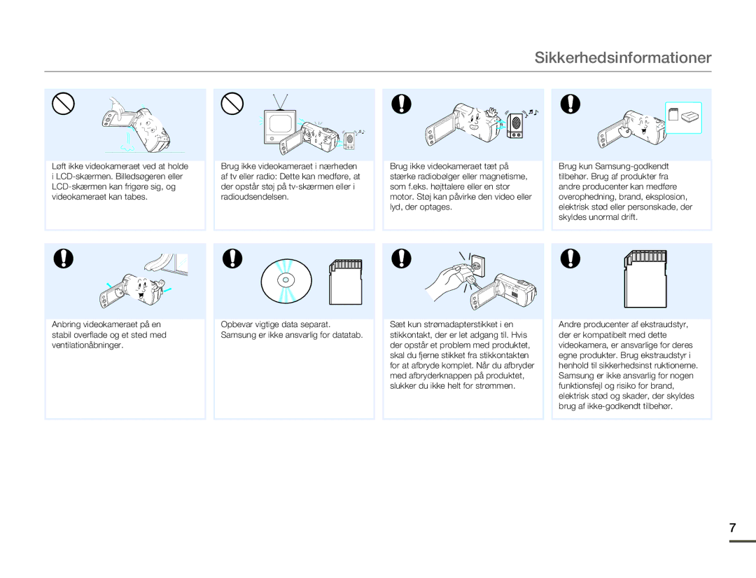 Samsung SMX-F70BP/EDC manual Sikkerhedsinformationer 