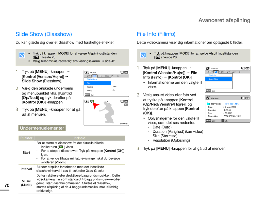 Samsung SMX-F70BP/EDC manual Slide Show Diasshow File Info Filinfo 