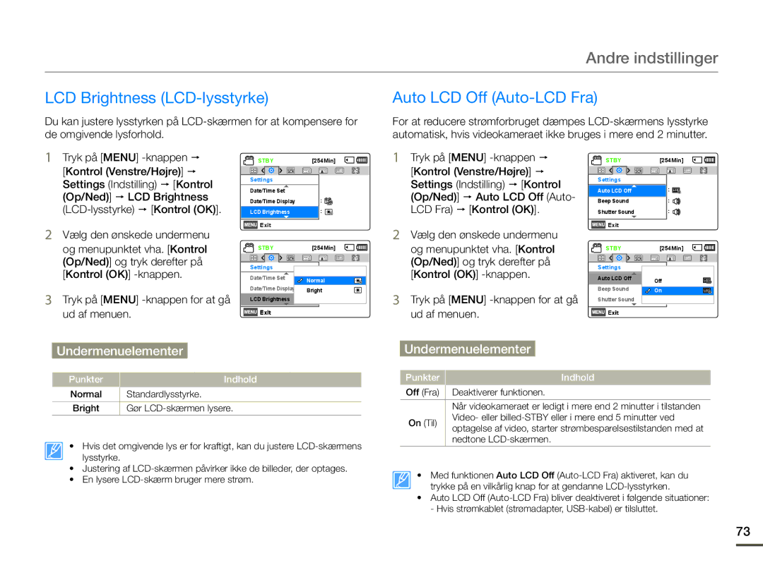 Samsung SMX-F70BP/EDC manual LCD Brightness LCD-lysstyrke, Auto LCD Off Auto-LCD Fra 