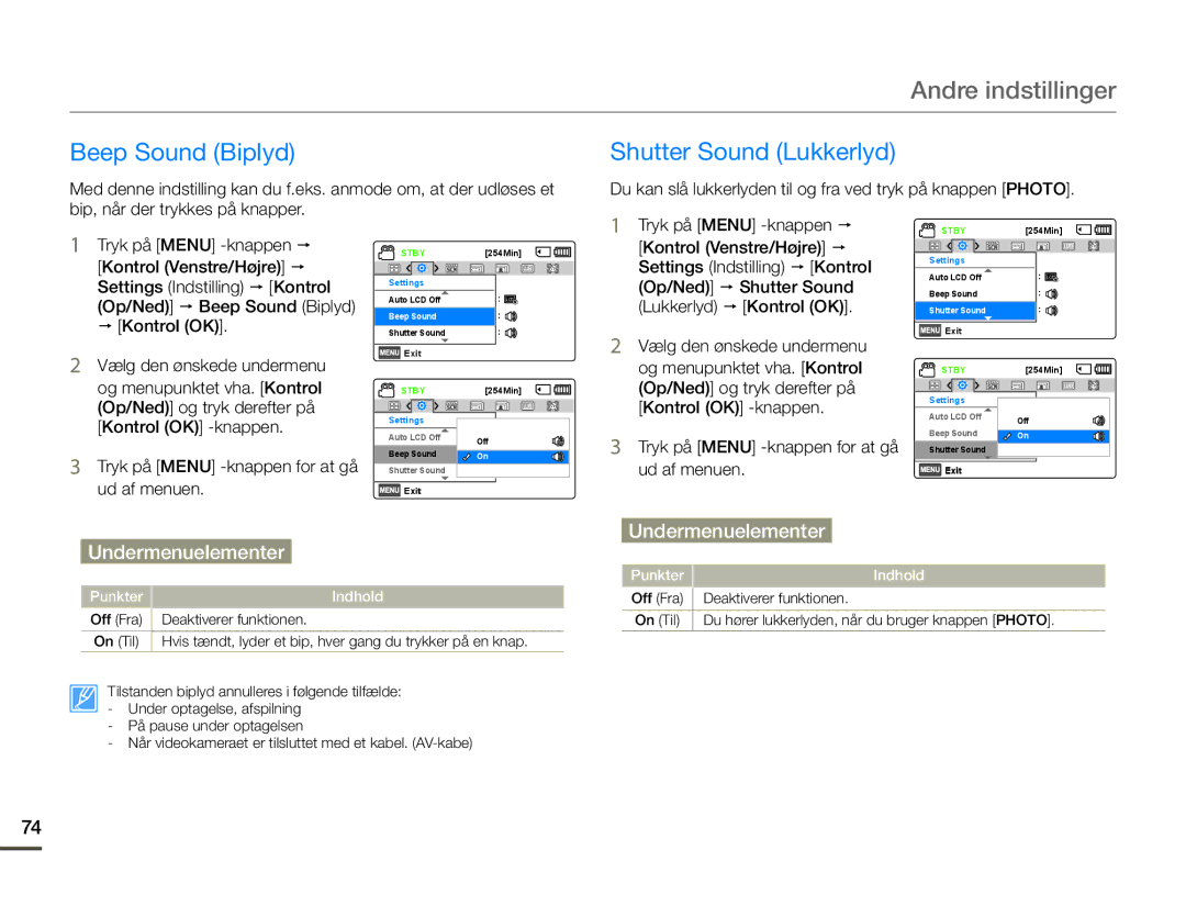 Samsung SMX-F70BP/EDC Beep Sound Biplyd, Settings Indstilling p Kontrol, Op/Ned p Shutter Sound, Lukkerlyd p Kontrol OK 