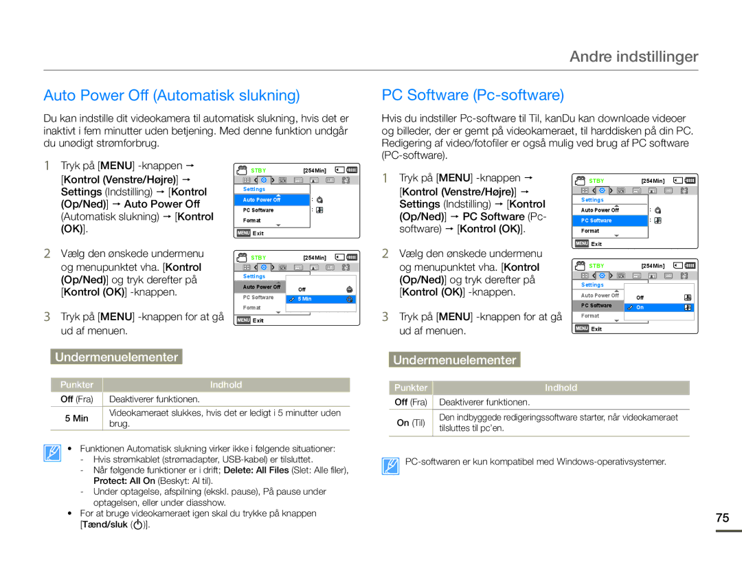 Samsung SMX-F70BP/EDC manual Auto Power Off Automatisk slukning, PC Software Pc-software 